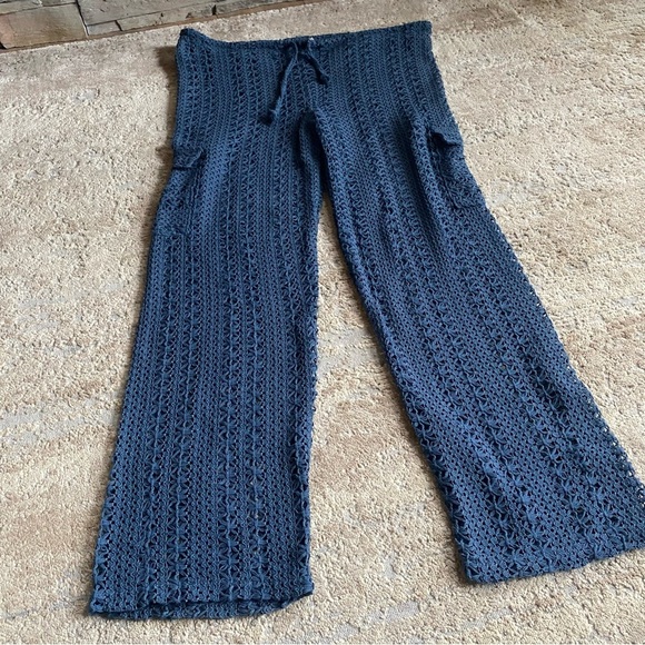 Blanco by Nature Crochet Beach Pants Knitted Pull On Drawstring Waist Teal: Med - Picture 2 of 10